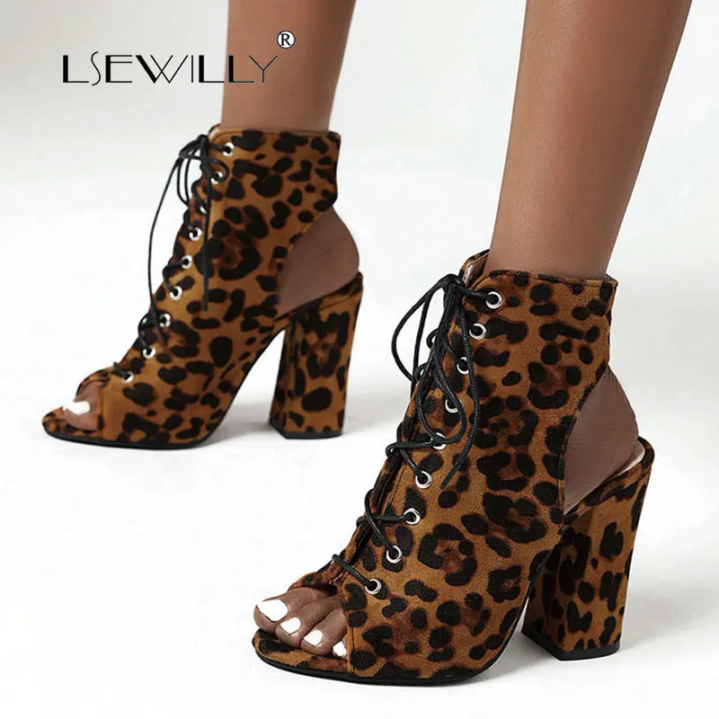 

Lsewilly 2020 Peep Toe Square Heel Women Shoes Lace Up Fashion Sandals Leopard Flock Snakeskin PU Leather Ladies Pumps Size