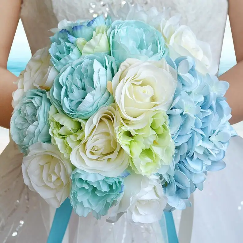 Light Blue JaneVini светло-голубые розы свадебные букеты Шелковые цветы Брошь пляжная Свадебная лента букет невесты De Mariage - Цвет: Light Blue