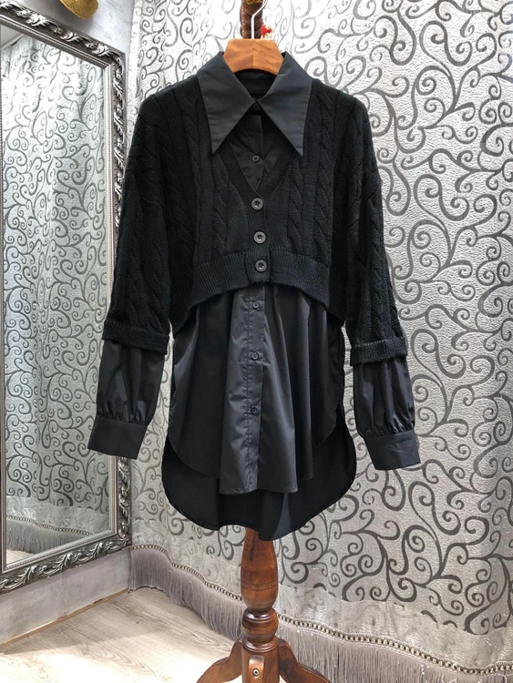 

2020 autumn and winter new women's fashion lapel knit stitching decorative long-sleeved all-match shirt 1114