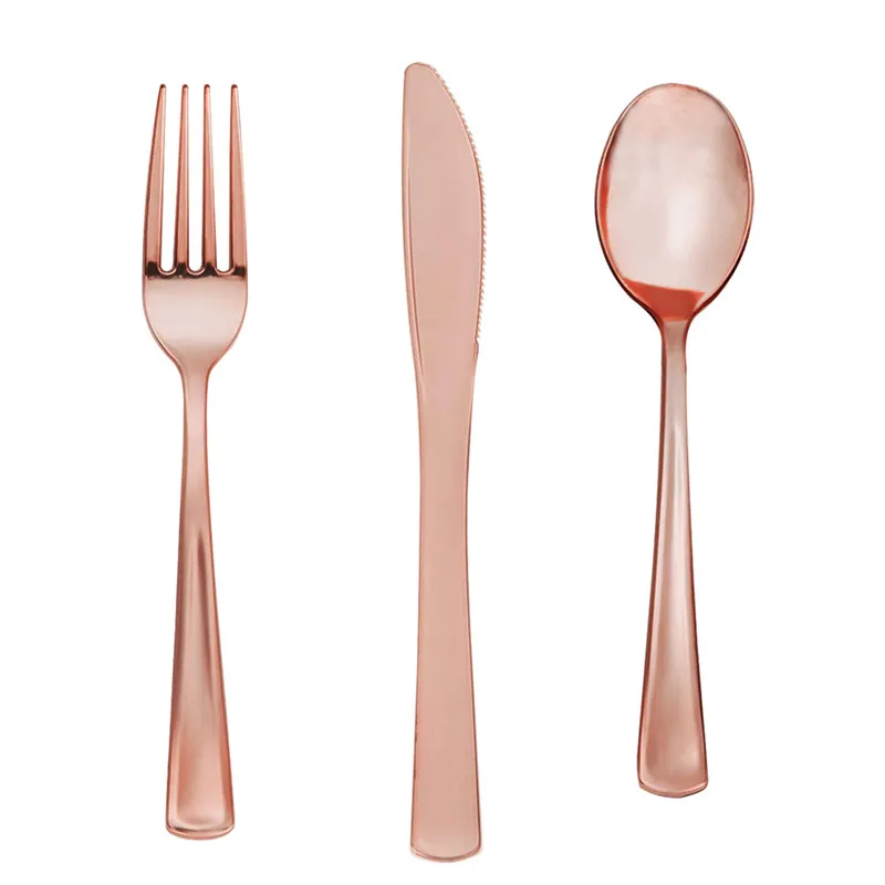 

8pcs Rose Gold Plastic Disposable Fork Spoon Knife Happy Birthday Wedding Tableware Party Bridal Shower Decoration Supplies