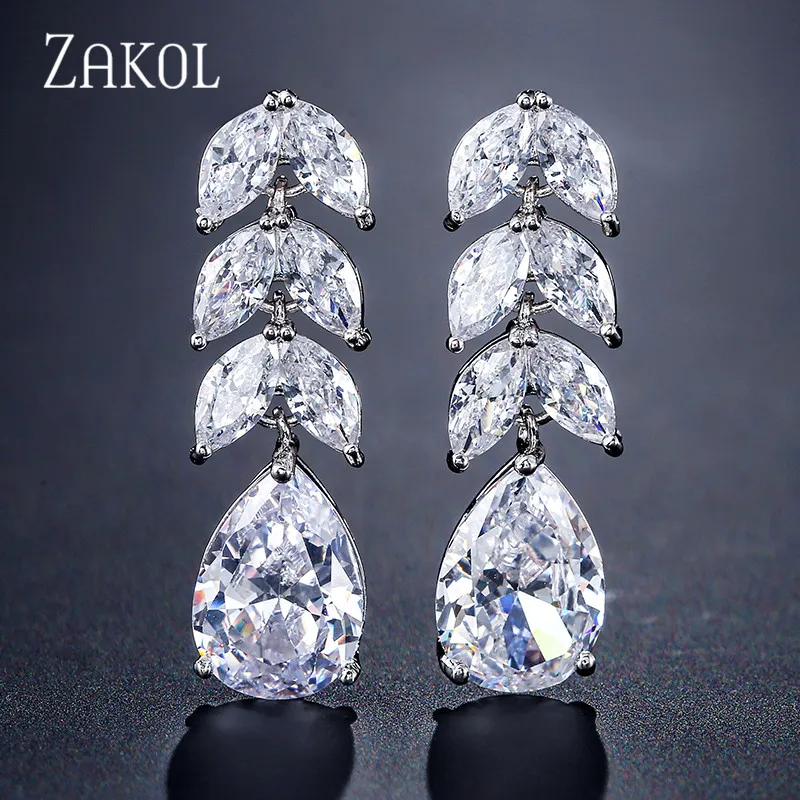 ZAKOL Модные женские висячие серьги с фианитами в виде листьев для женщин блестящие