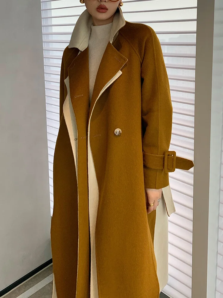 

Двухстороннее шерстяное пальто контрастных цветов, Женское пальто выше колена средней длины контрастных цветов на шнуровке