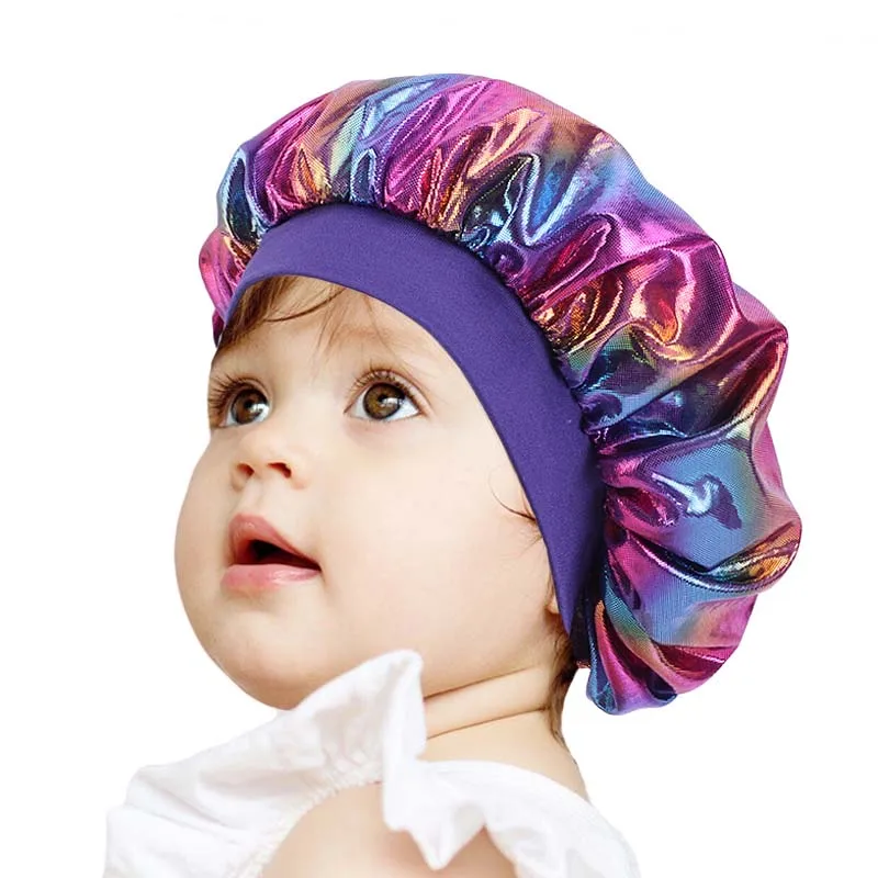 

Kids laser bonnet Night Sleep Cap for Children Kids Satin Wide-brimmed Elastic Turban Chemo Hat Girl boy Hair Care Accessories