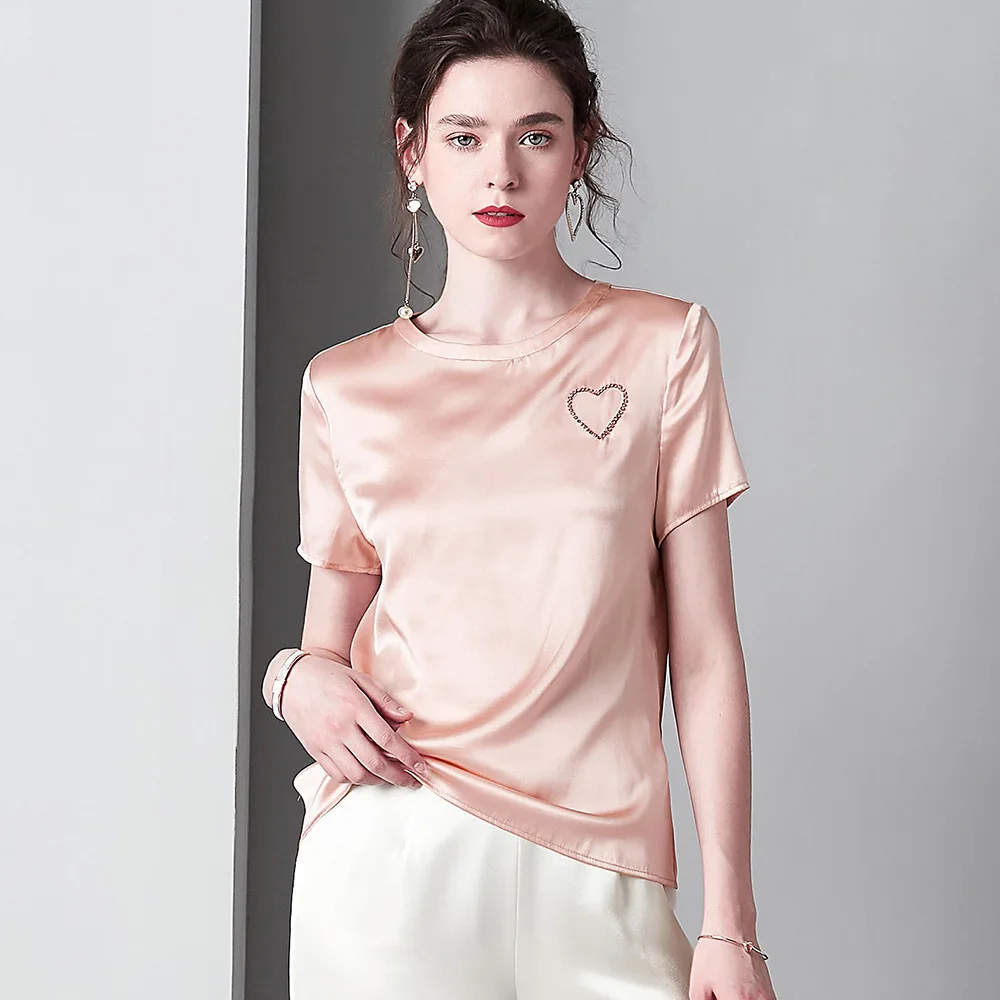 Шелковые футболки 16 мм розовые стразы белые женские топы повседневная черная