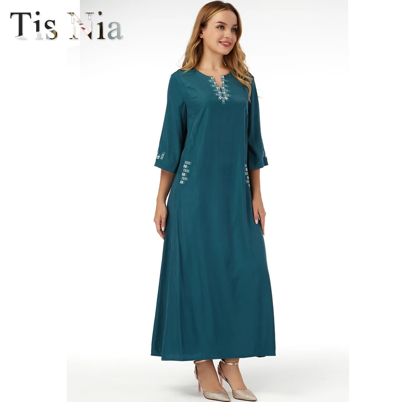 Robe Marocain Abaya Dubai Turkish Islam Robe Muslim Embroidered African Dress Women's Robe Arab Muslim Djellaba Femme Blue