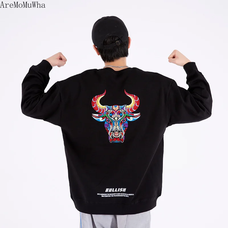 

Осенне-зимний новый свитер в китайском стиле с круглым вырезом Мужская свободная одежда из чистого хлопка с вышивкой головой коровы