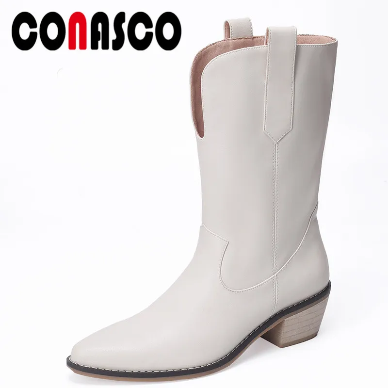 

CONASCO Sexy Women Mid-Calf Boots Autumn Winter Warm Cow Leather Party Prom Concise Shoes High Heels Elegant Boots Woman