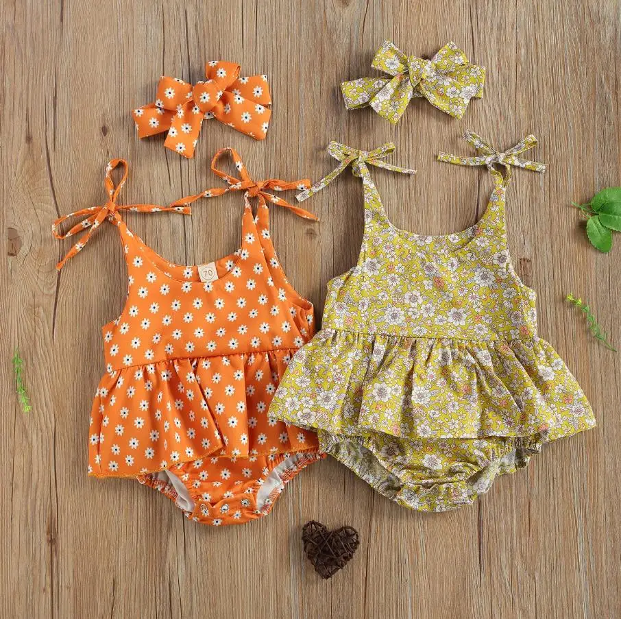 

Летний Повседневный костюм для маленьких девочек, эластичный комбинезон на шнуровке с круглым вырезом и цветочным принтом, платье без рука...