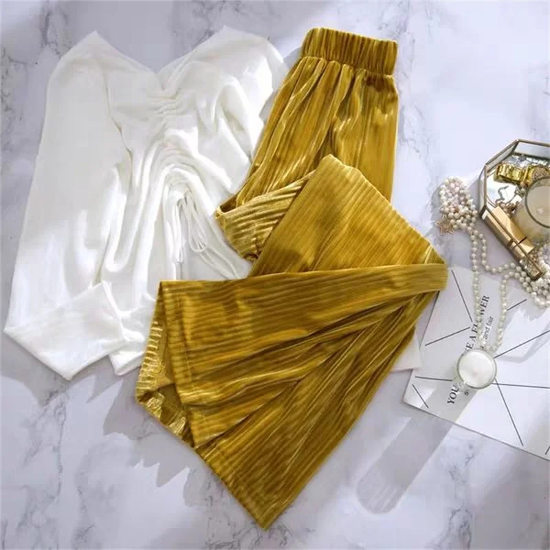 

Golden Velvet Harajuku High Waisted Trousers Pleated Korean Fashion Slacks Women's Wide Leg Pants Elegant Office Ladies Trousers
