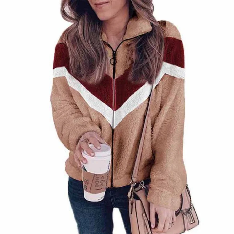 

Mandylandy Fleece Sweatshirt Zipper Cardigan Contrast Color Woolen Coat Top Autumn Keep Warm Loose Sweatshirts Tops Outwear