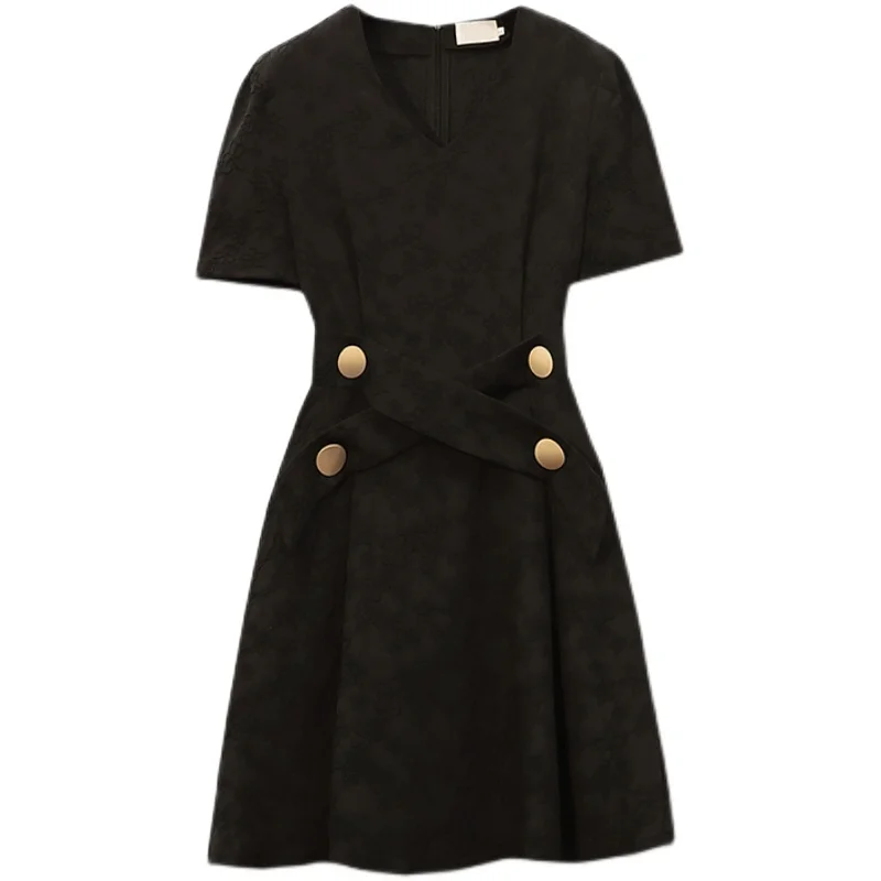 

EHQAXIN Dresses For Women's Summer New Style Elegant V-Neck Embossed Buttons Cross Lace Long Dress Large Size Ladies L-5XL