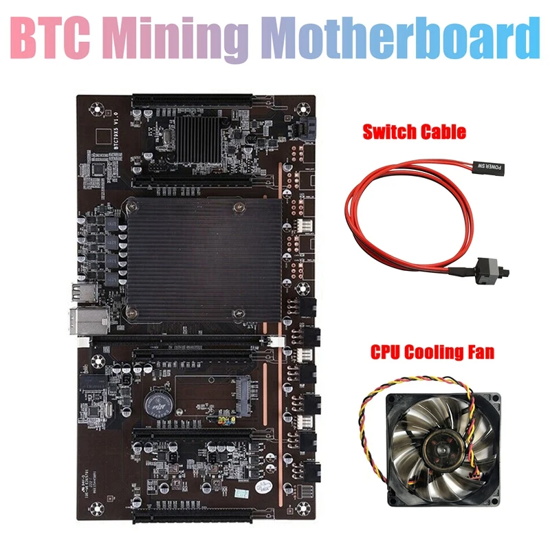 

X79 H61 BTC Miner Motherboard with Switch Cable+CPU Cooling Fan Support 3060 3070 3080 GPU 5 PCIE Mining Motherboard