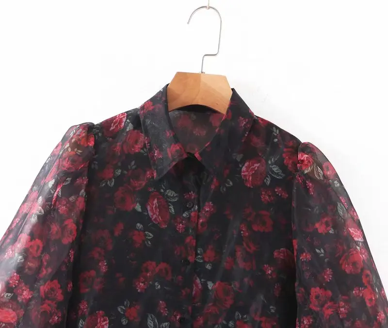 Vintage Stylish Floral Print Organza Blouse Women Fashion Lantern Sleeve See Through Sexy Female Shirts Blusas Chic Tops
