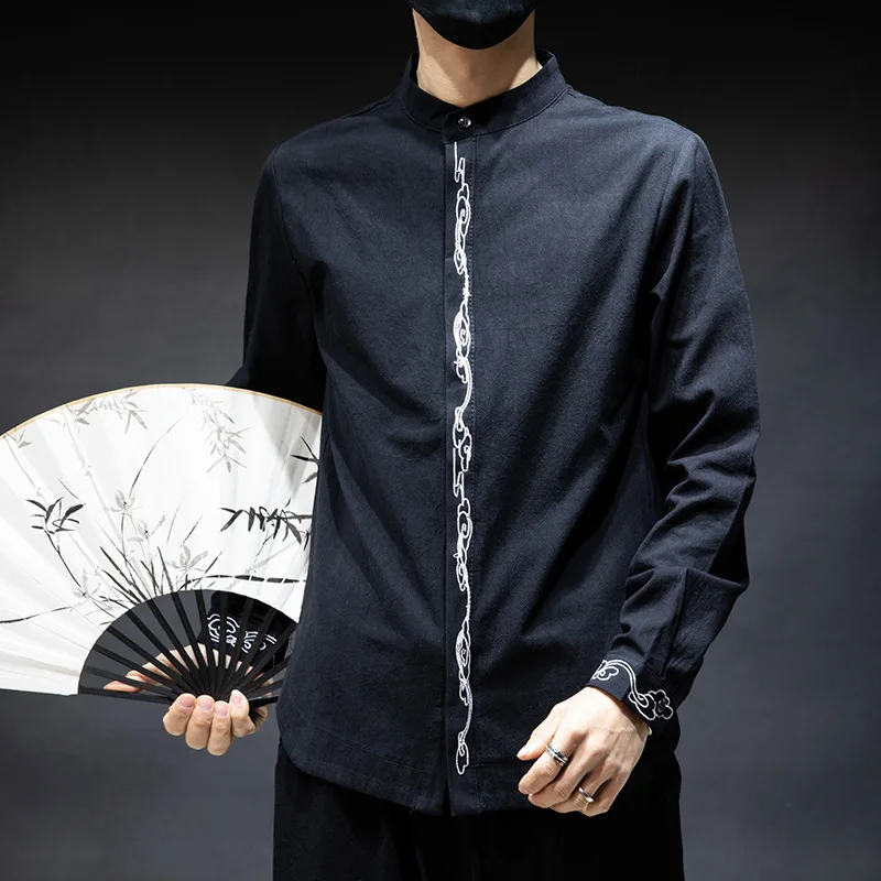 Традиционная китайская одежда для мужчин из хлопка и льна с длинным рукавом