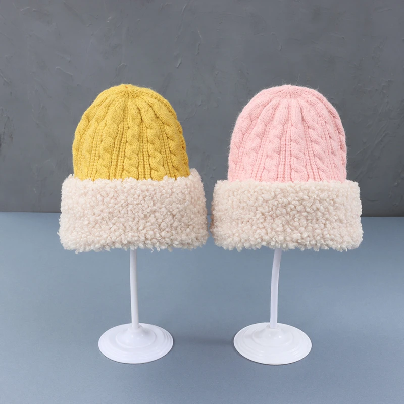 

2021 New Fashion Women's Winter Hat Lamb Woolt Beanies Female Knitted Soft Striped Cashmere Knitted Beanie Panama Hat