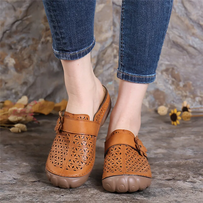 

Nis Women Retro Style Shoes Hollow Out Flower Backless Light Flat Outdoor Casual Beach Holidays Flat Round Toe Sandals Shoes
