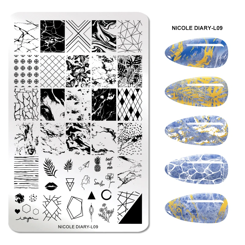 Штамповочные пластины NICOLE DIARY для ногтей мраморные огненные кружевные шаблоны с