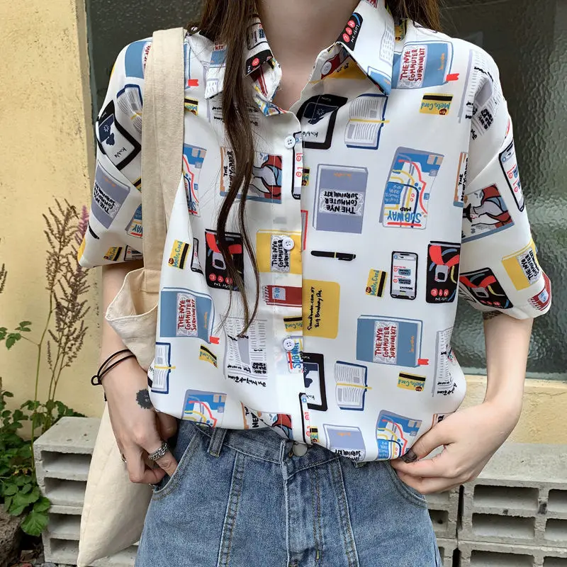 

Zadily 2021 Summer Women Preppy Style Turn-down Collar Casual Shirt Print Shirt Single Breasted Loose Fashion Blouse