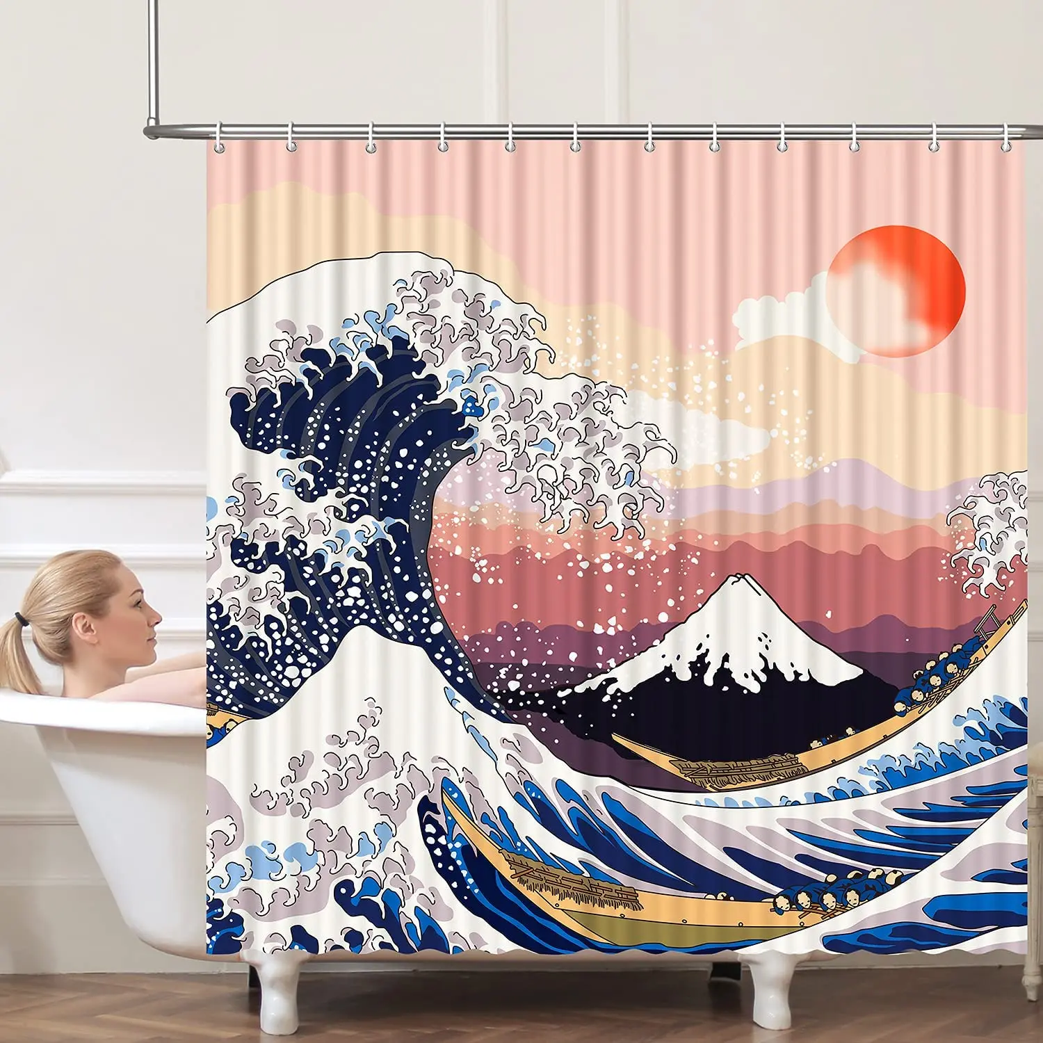 

Shower Curtain Bathroom Curtain Hotel Home Polyester Fabric Anime with Hooks Waterproof Sea Ocean Wave Bath Curtain For Women