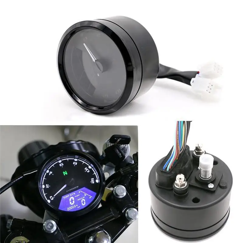 

Black 12000RPM Motorcycle Universal LCD Signal Speedometer Tachometer Odometer Gauge Cruiser Chopper Cafe Racer Old School