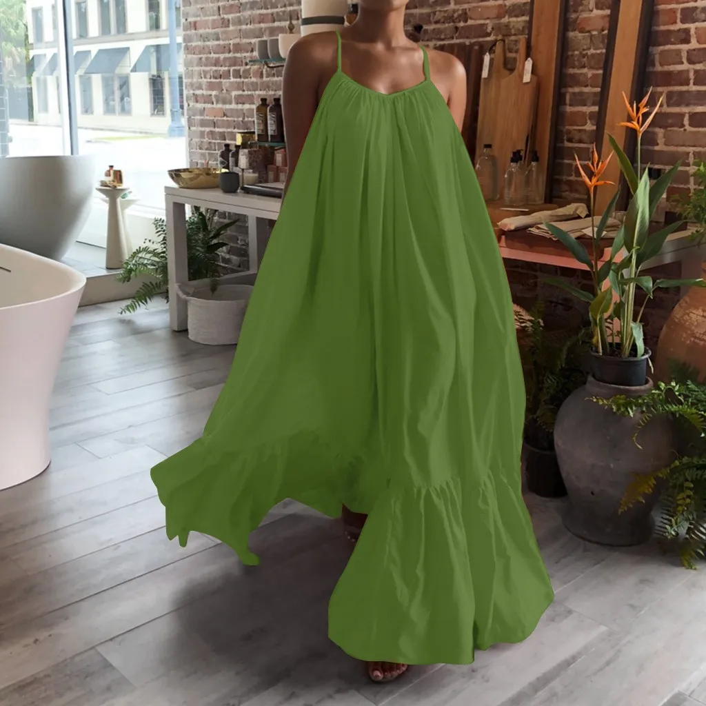 

2021 Summer Dress Women Sexy Short Sleeve Ruffled Maxi Long Dress Casual Loose Solid Pleated Beach Vestido Robe Plus Size