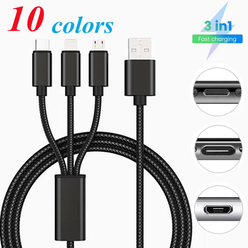 3 in 1 10 colors data cable usbtype clighting braided 3a 1 2m fast charge charging line phone accessories free global shipping