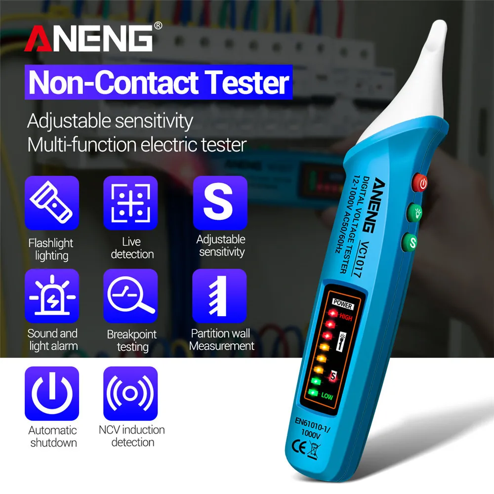 

Vc1017 синий Бесконтактный ручной стильный светодиодный Электрический инструмент, датчик, тестер сигнализации, интеллектуальный измеритель ...