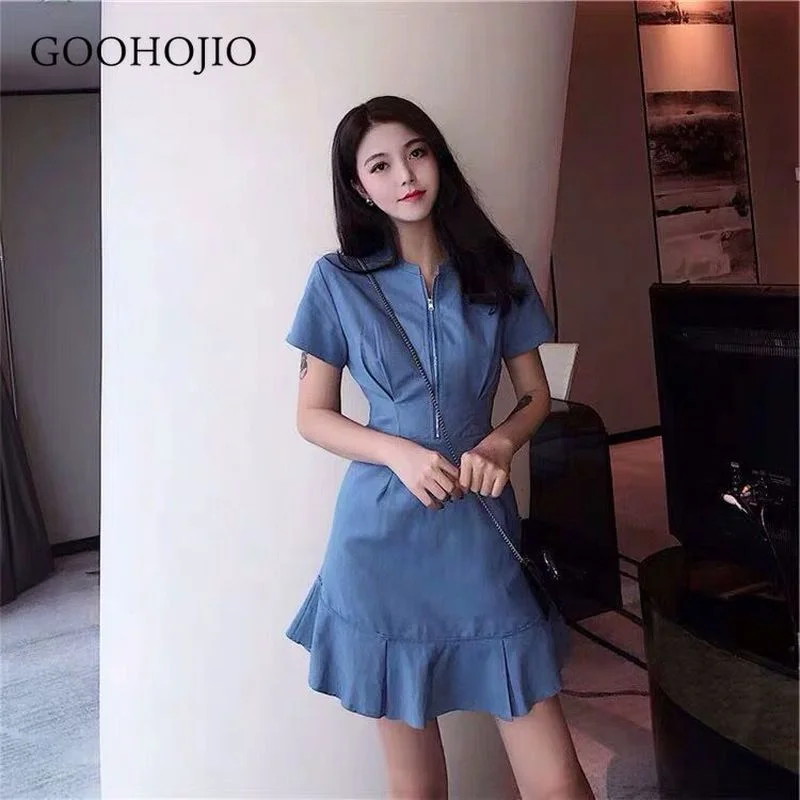 

GOOHOJIO 2021 New Spring and Autumn Short Dress Women Pure Color Temperament Chic Dresses for Ladies Fishtail Women Simple Dress