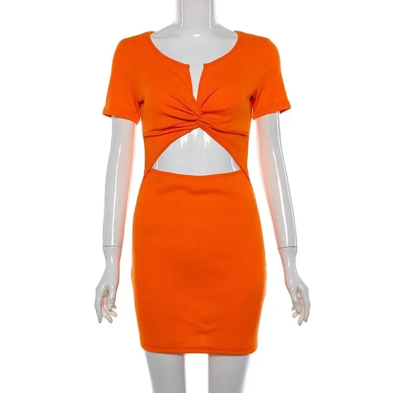 Сексуальное платье неонового цвета с v образным вырезом в рубчик женское