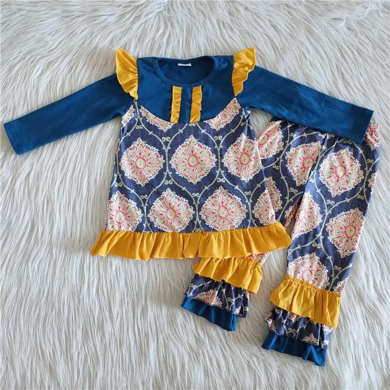 

Ethnic Style Blue Outfits For Baby Girls Long Sleeves Shirt Ruffled Pants Kids Sets Children Clothes Boutique New Arrived