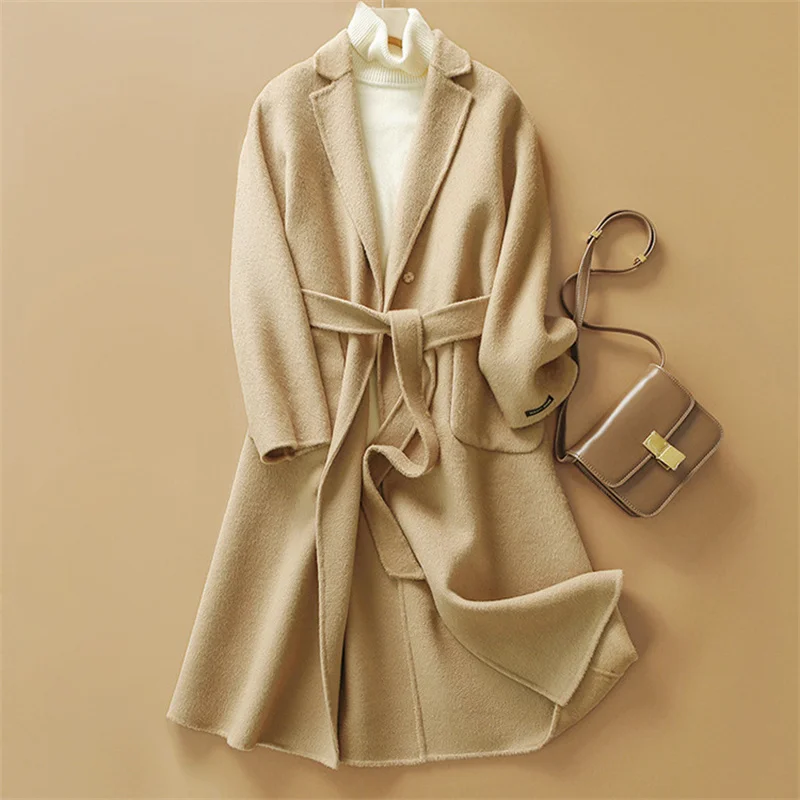 

Elegant Khaki double-sided 91-99%wool coat for women 2021 autumn winter hand-sewn double-sided cashmere jacket coat women's new