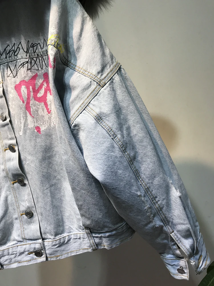 Зимняя модная одежда с рисунком граффити Теплые натуральным лисьим мехом пальто