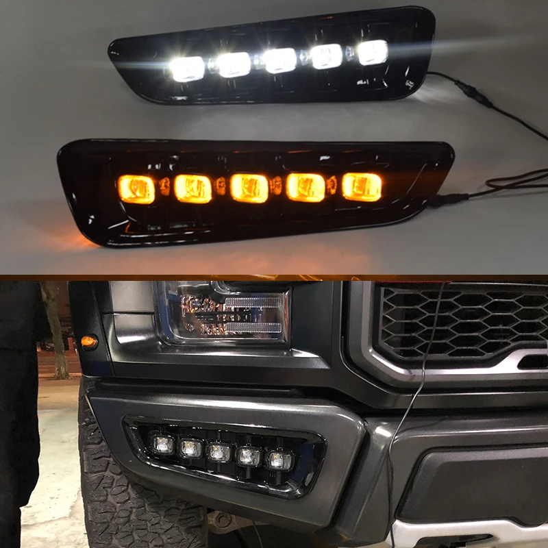 

2 Pcs/lot ECAHAYAKU Turn Signal Yellow Flashing 12V LED DRL Daytime Running Lights for Ford Raptor svt F150 2017 2018 Fog Lamps