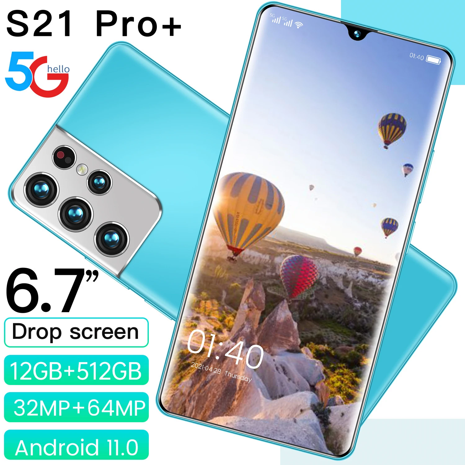 

S21 Pro+ 12GB RAM 256GB ROM 6.7 Inch Andriod 11.0 Deca Core Procossoer Smart Phones Face Unlock 6000mAh MTK6889+ Mobile Phones