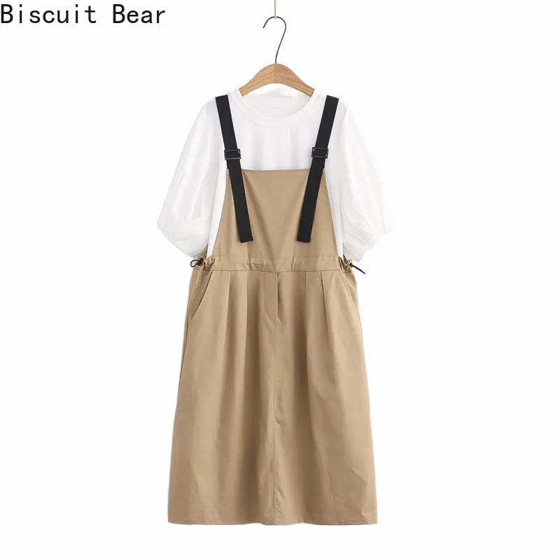 

Biscuit Bear Women Dress Sets Short Sleeve Cotton T Shirt Sleeveless Overalls Camisole Dresses 2021 Summer 2 Piece Set Clothes