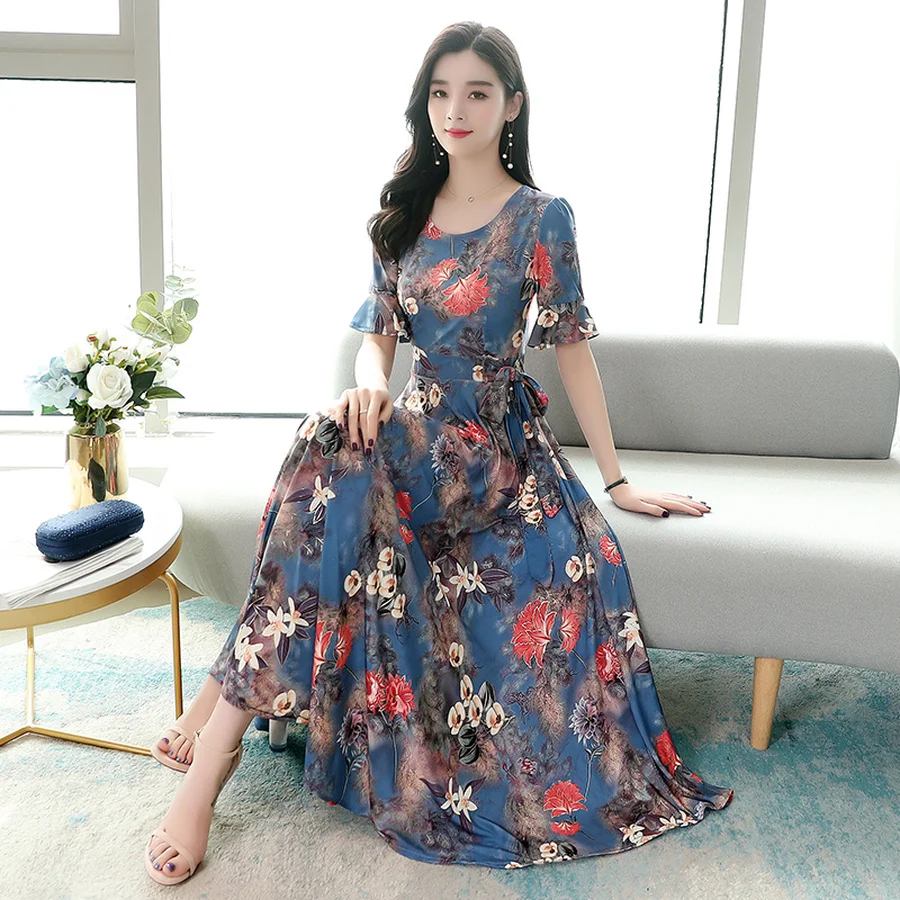 2021 сезон: весна-лето голубого цвета с цветочным принтом в богемном стиле длинное