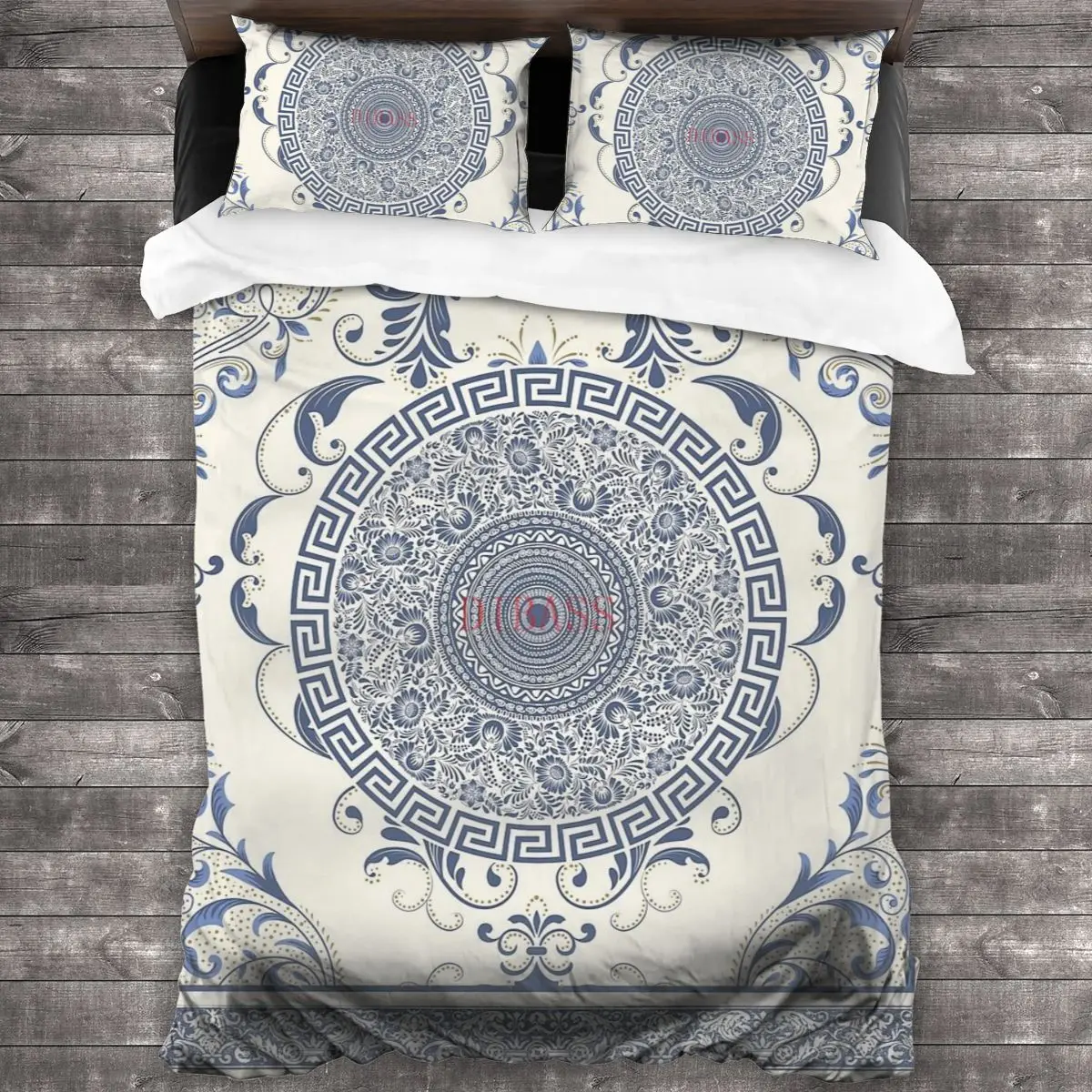 

Ornate Baroque Cream Blue Greek Key 100%Pure Cotton Comforter Set with 2 Pillowcase,Duvet Cover Set, Bedding Sets Bed Set