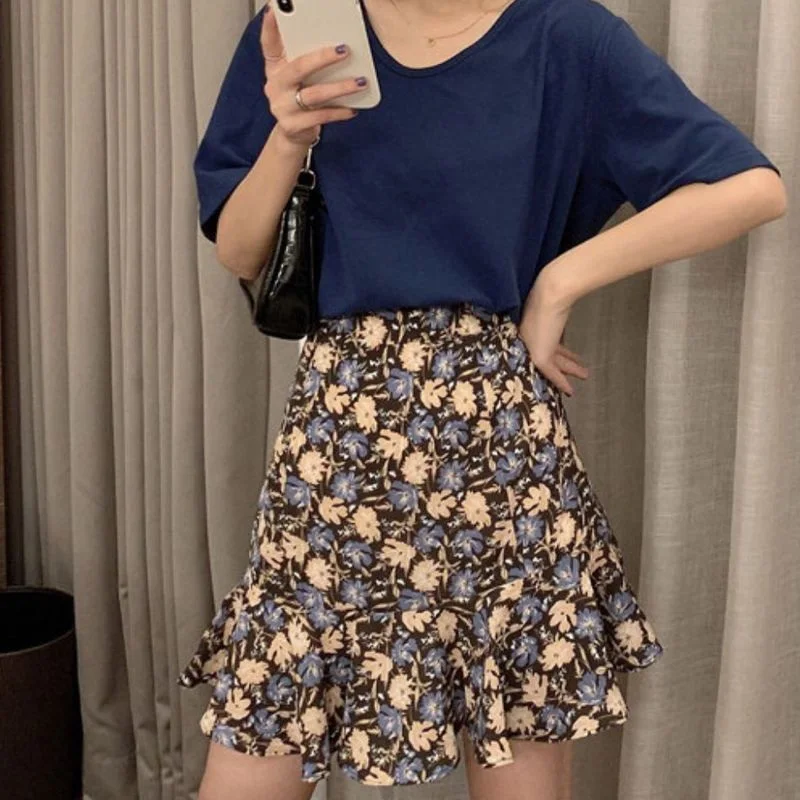 

Women's Fishtail Skirt Celmia Party Elegant Short Skirts Rose Print Maxi Casual High Waist Trumpt Lace Up Folding