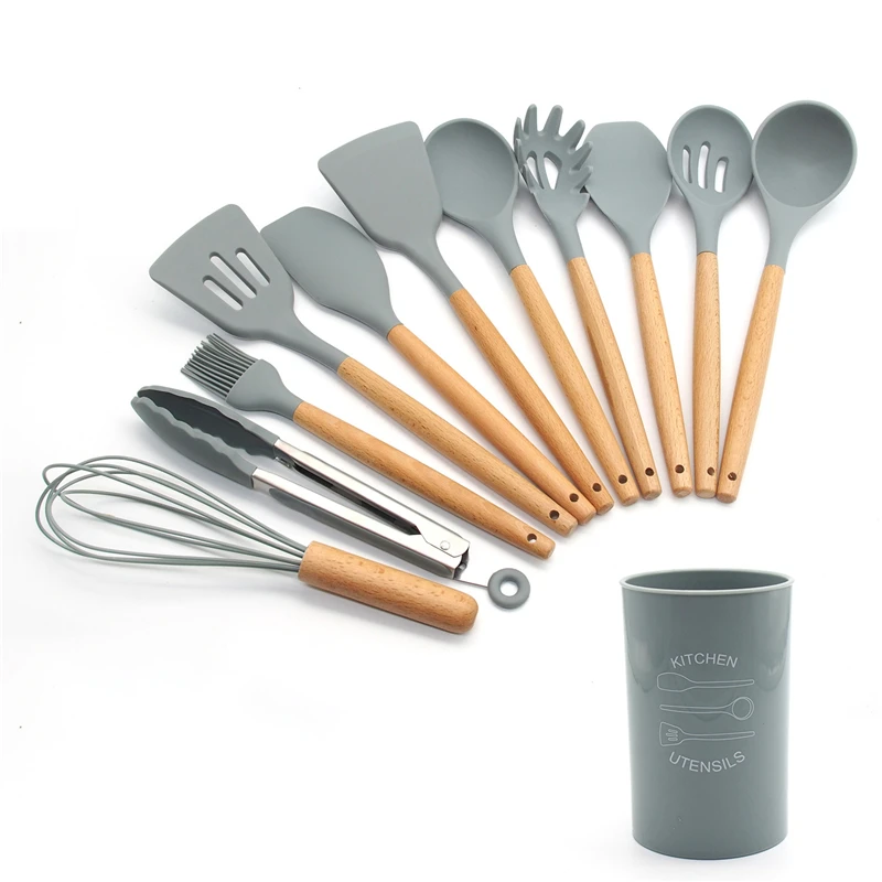 12-Pcs kitchen set Силиконовые набор для кухни 11/12/13 шт, кухонный набор,набор кухонных принадлежностей, антипригарным,деревянной с лопатки, ложка,половник,Кухня инструменты,кухонная утва,серый,кухонные принадлежности из силикона - Цвет: 12-Pcs kitchen set