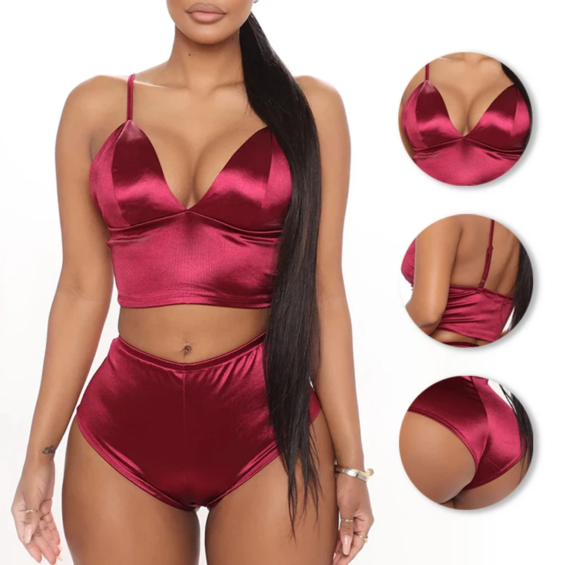

NEW Brief Sets Underwear Women Sexy Lingerie Set Wine Red Satin Bras Lingerie Sexy 2 Piece Sets Wireless Intimates Push Up Bra
