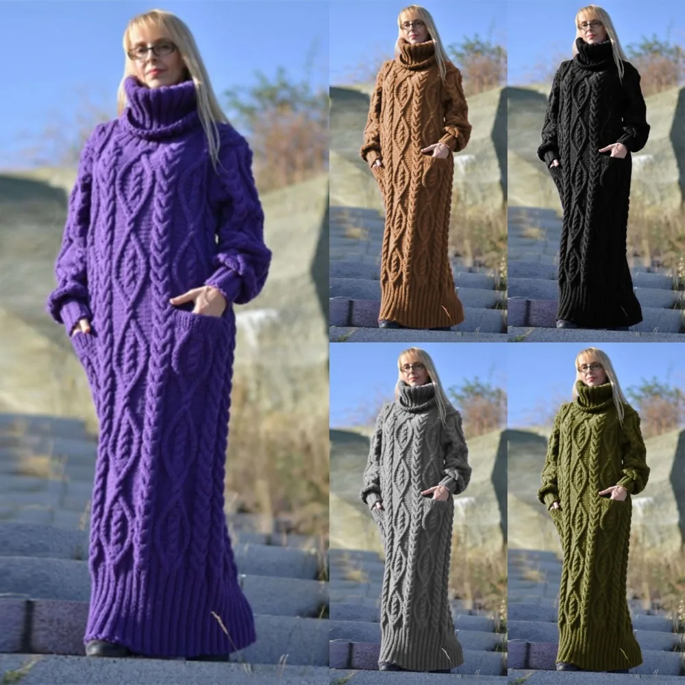 

Long Sweaters Dress Women Plus Size Winter Fashion Loose Turtleneck Pullovers Solid Long Sleeve Knitted Sweater Lugentolo