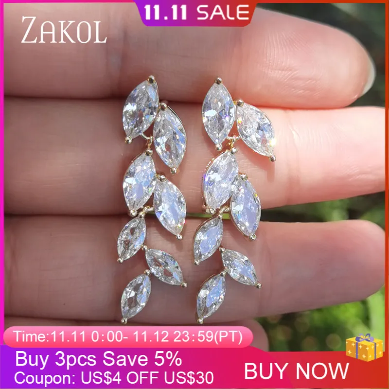ZAKOL Fashion Marquise Cut White AAA CZ Zircon Crystal Drop Earrings for Women Gold Color Leaf Wedding Jewelry FSEP512 | Украшения и