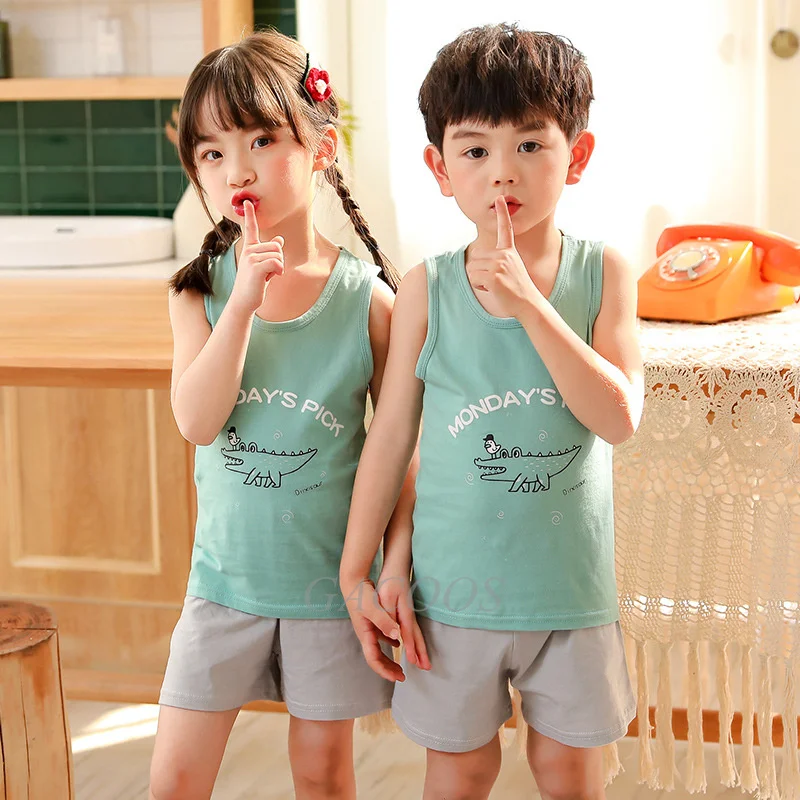 

Summer Children Pajamas Sleeveless Vest+Short Sets Kids Pyjamas Boys Girls Pijamas Cartoon Dinosaur Baby Sleepwear Suit Homewear