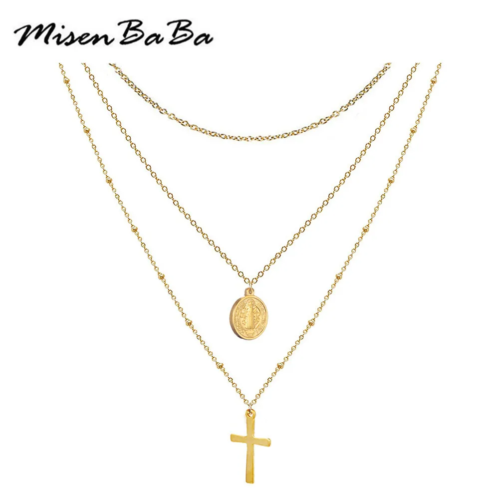 Чокер из нержавеющей стали для католической церкви многослойный с крестиком