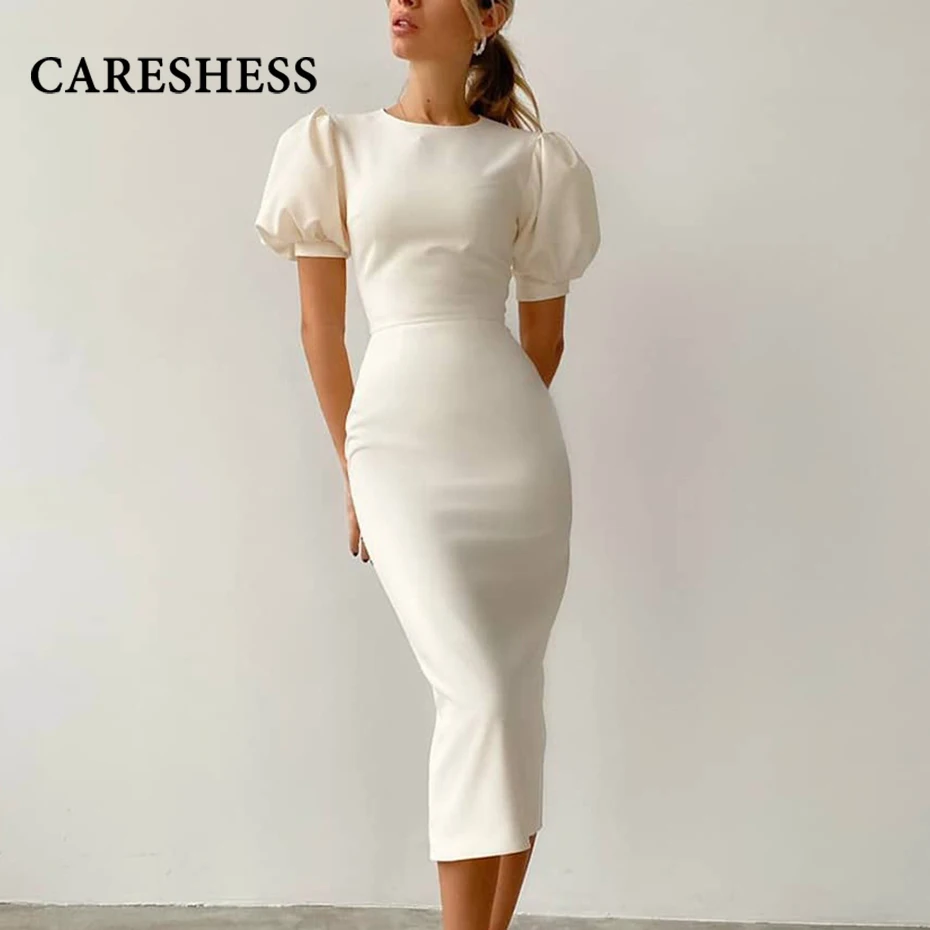 

CARESHESS Fashion OL Elegant Women Dress Tight-fitting High-waisted Puff Sleeve Dresse O-Neck Short-sleeved Fashionable Dresses