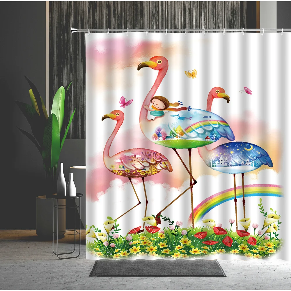 

Занавеска для душа с изображением фламинго, радуги, зеленых листьев, растений, тропических животных, из полиэстера, товары для дома, Набор де...