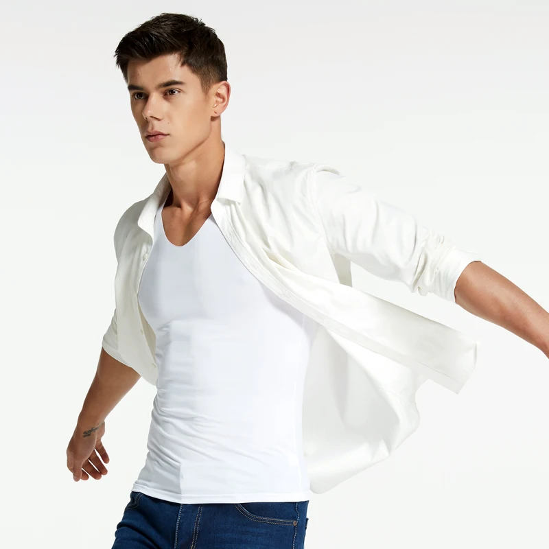 Men's V-Neck Undershirts Man Ice Silk Seamless Short Sleeves Basics Shirts Youth Summer Sexy Fitness Body Building Underwear