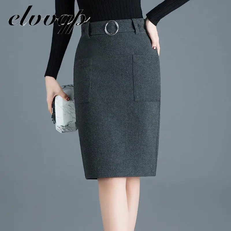 

Женская шерстяная юбка с карманами, черная или серая эластичная офисная юбка с высокой талией и разрезом, Осень-зима 2022