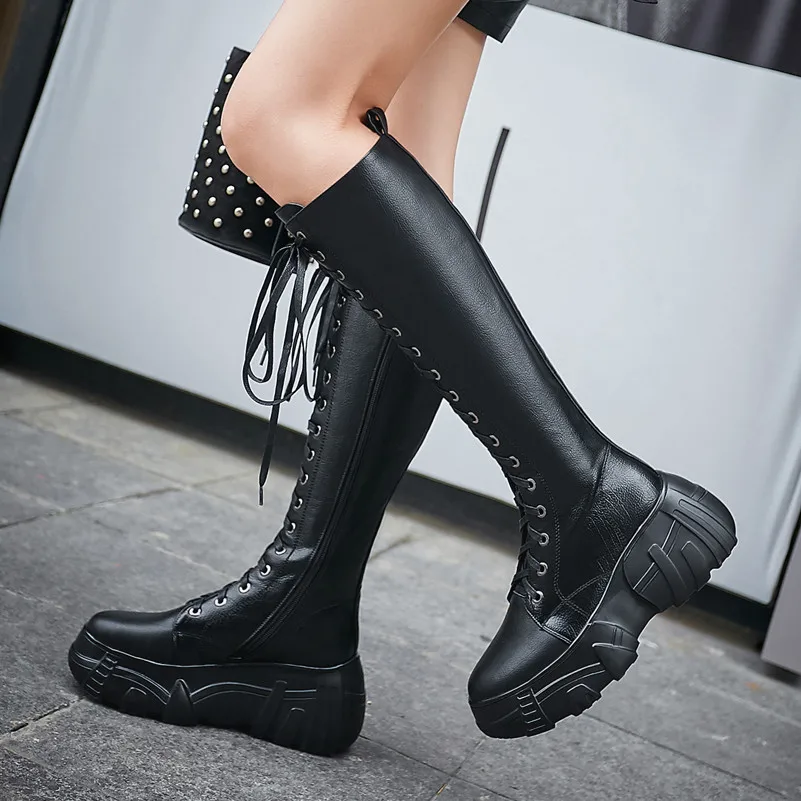 

Meotina Winter Motorcycle Boots Women Natural Genuine Leather Flat Platform Knee High Boots Zipper Long Shoes Female Fall 34-39