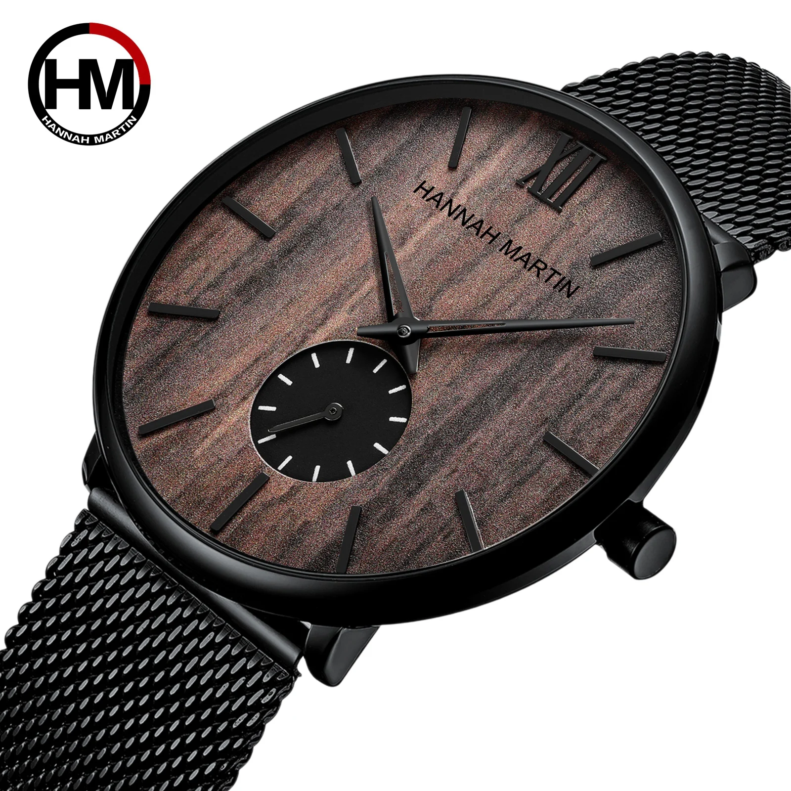 

Hannah Martin Fashion Mens Watches Walnut dial Ultra Thin Quartz Watch Men Casual Slim Mesh Steel 30M Waterproof Sport Watch